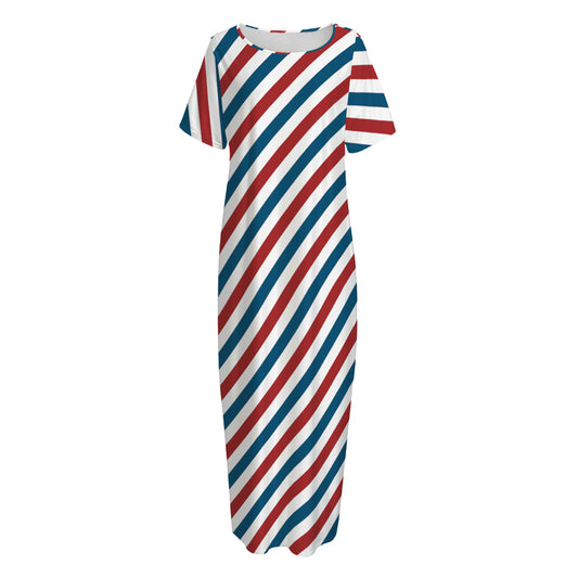 USA Patriotic Striped Pattern Print Short Sleeve Long Nightdress