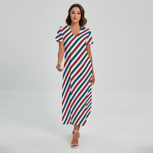 USA Patriotic Striped Pattern Print Short Sleeve Maxi Dress