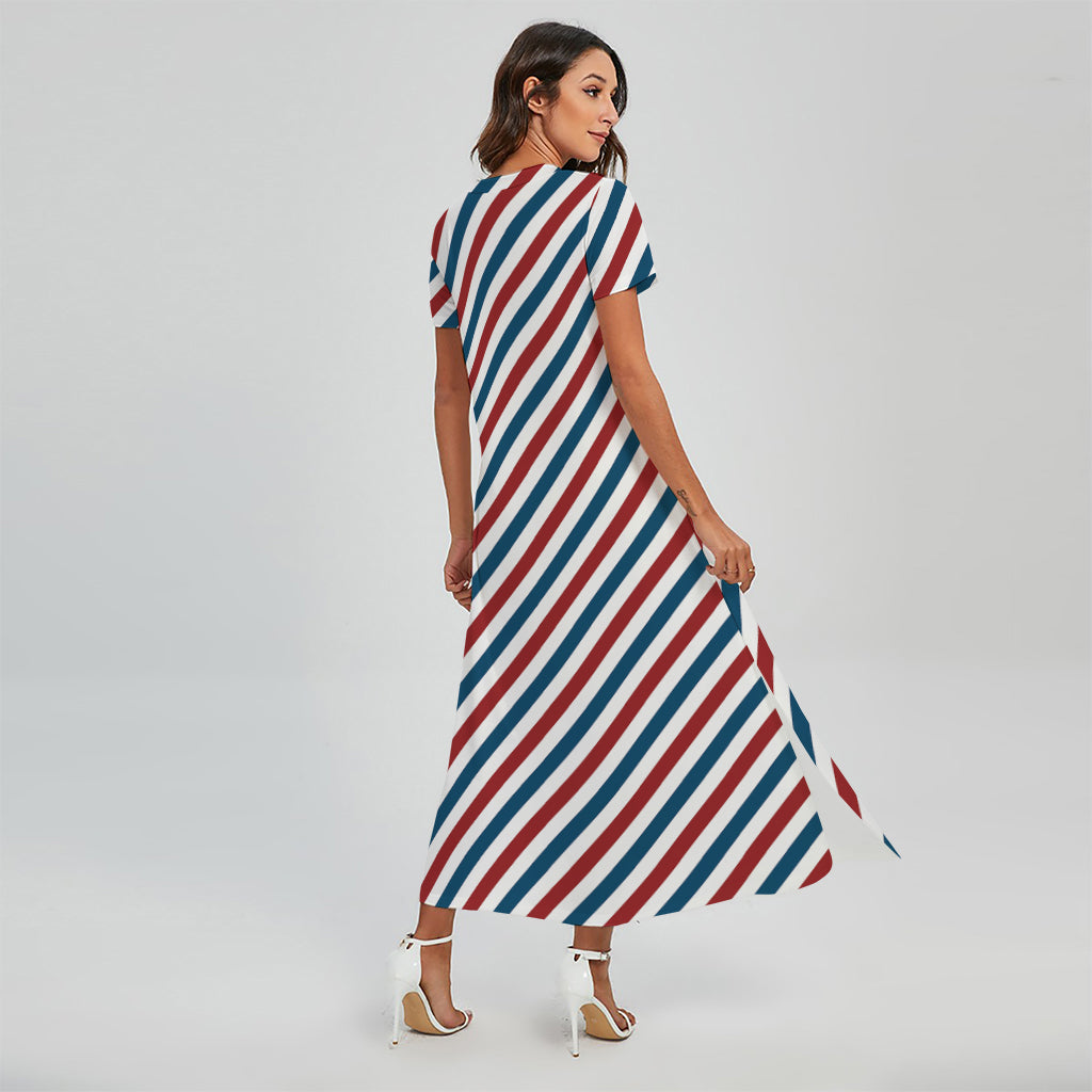 USA Patriotic Striped Pattern Print Short Sleeve Maxi Dress