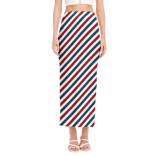 USA Patriotic Striped Pattern Print Side Slit Maxi Skirt