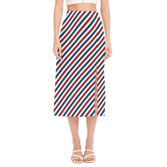 USA Patriotic Striped Pattern Print Side Slit Midi Skirt