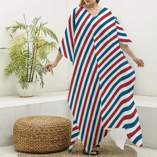 USA Patriotic Striped Pattern Print Silk V-Neck Kaftan Dress