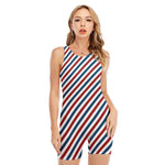 USA Patriotic Striped Pattern Print Sleeveless One Piece Swimsuit