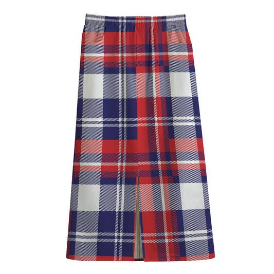 USA Plaid Pattern Print Cotton Front Slit Maxi Skirt
