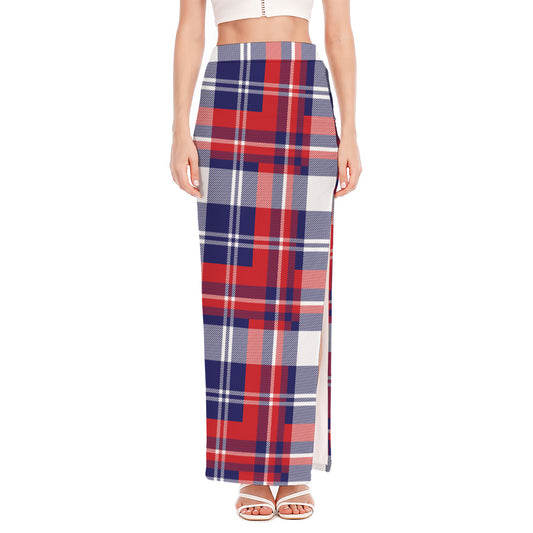 USA Plaid Pattern Print High Slit Maxi Skirt