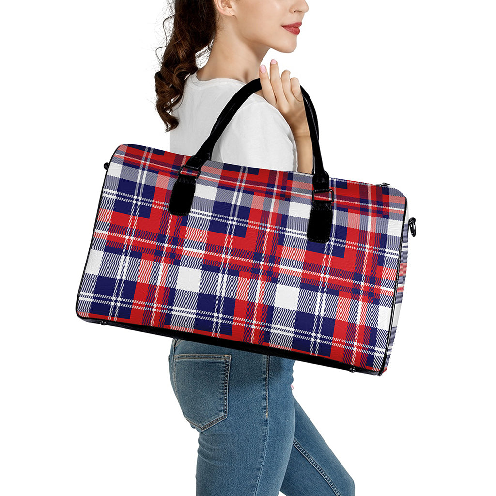 USA Plaid Pattern Print Leather Duffle Bag