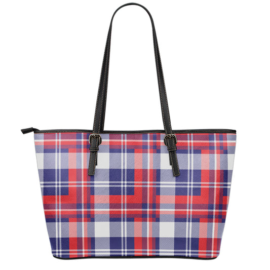 USA Plaid Pattern Print Leather Tote Bag