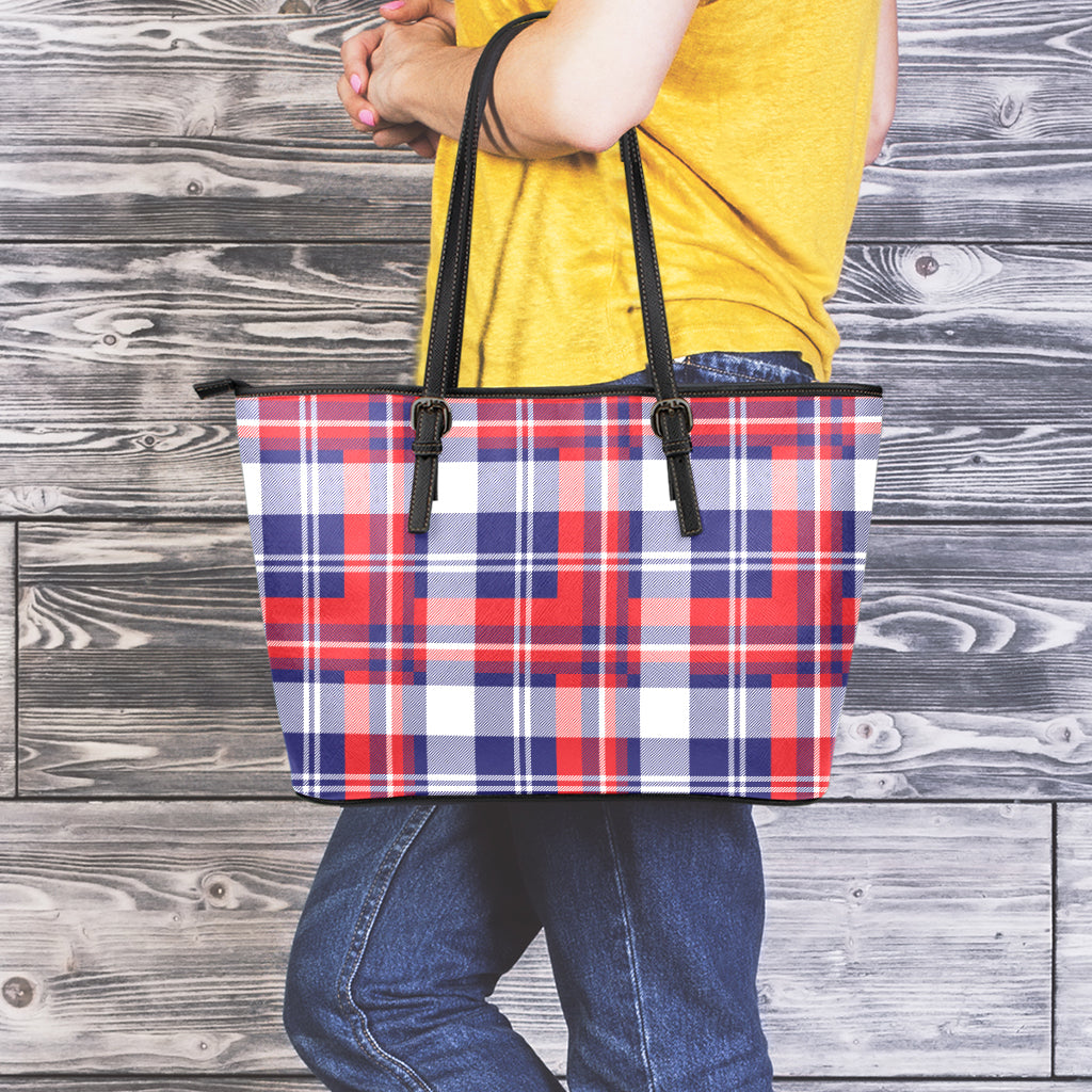 USA Plaid Pattern Print Leather Tote Bag