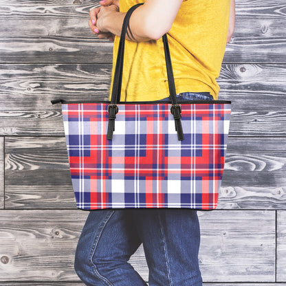 USA Plaid Pattern Print Leather Tote Bag