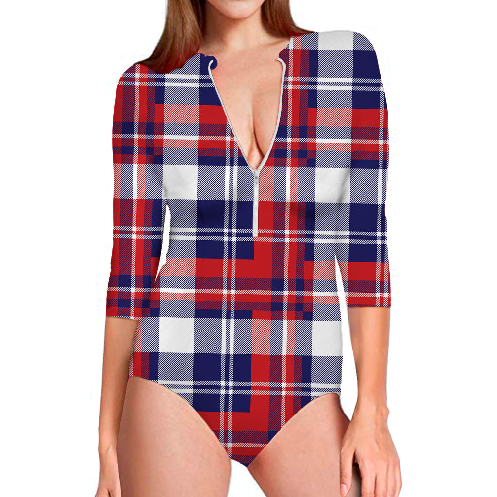 USA Plaid Pattern Print Long Sleeve Swimsuit
