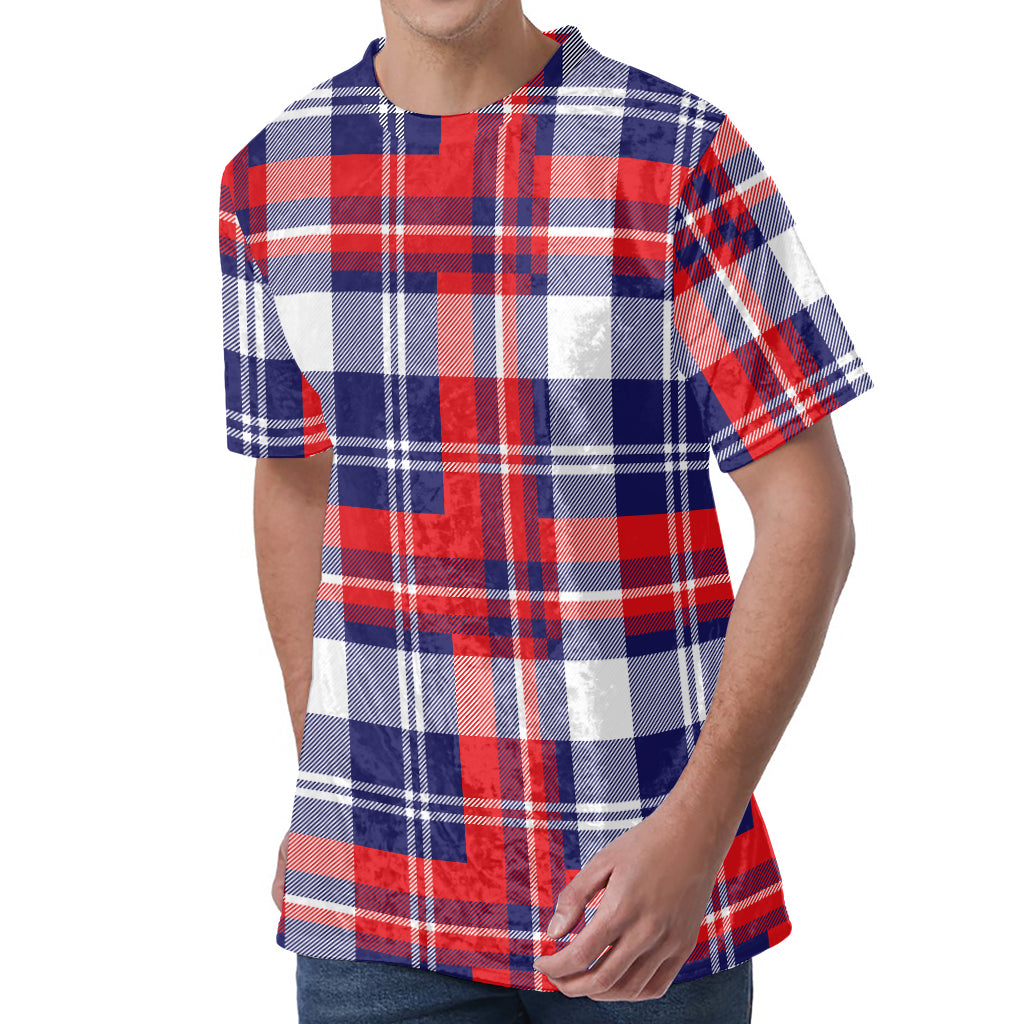 USA Plaid Pattern Print Men's Velvet T-Shirt