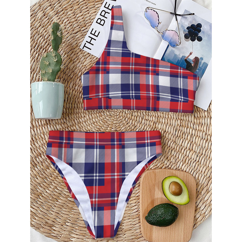 USA Plaid Pattern Print One Shoulder Bikini Top