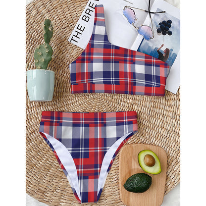 USA Plaid Pattern Print One Shoulder Bikini Top
