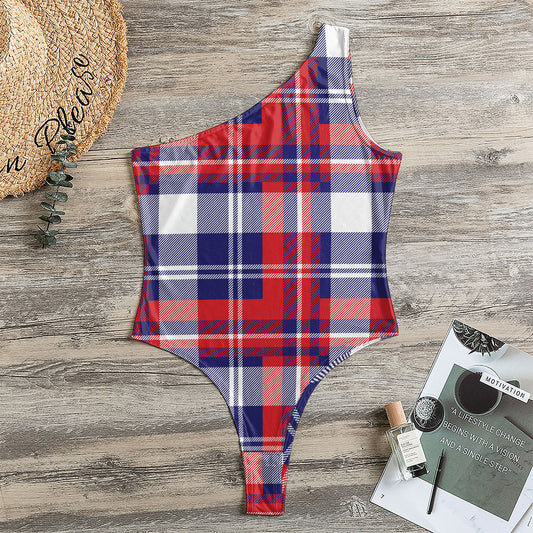 USA Plaid Pattern Print One Shoulder Bodysuit