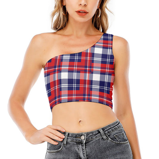 USA Plaid Pattern Print One Shoulder Crop Top