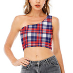 USA Plaid Pattern Print One Shoulder Crop Top