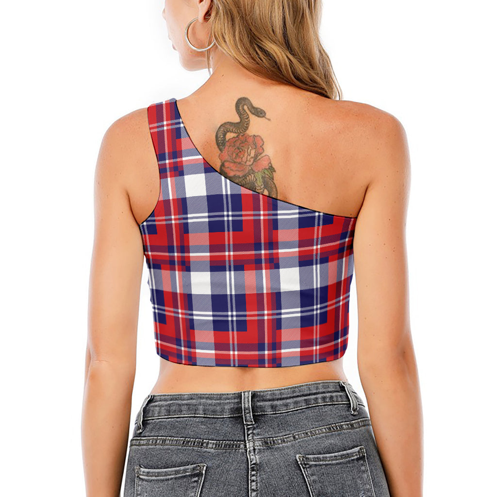 USA Plaid Pattern Print One Shoulder Crop Top