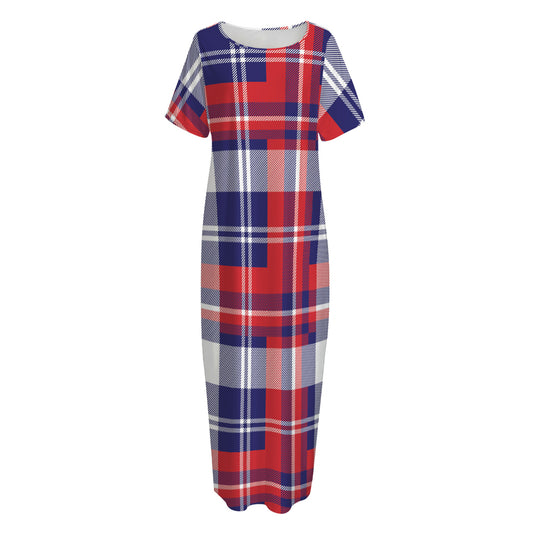 USA Plaid Pattern Print Short Sleeve Long Nightdress