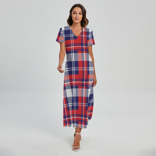 USA Plaid Pattern Print Short Sleeve Maxi Dress
