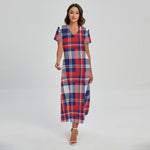 USA Plaid Pattern Print Short Sleeve Maxi Dress