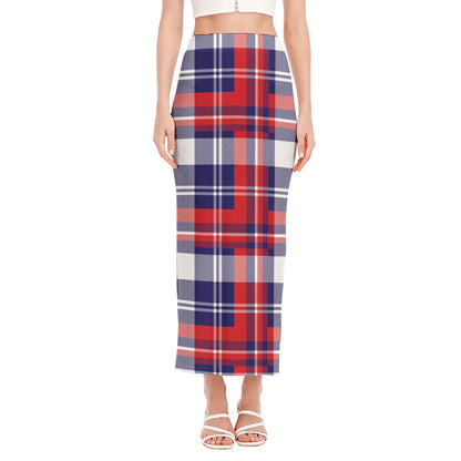 USA Plaid Pattern Print Side Slit Maxi Skirt