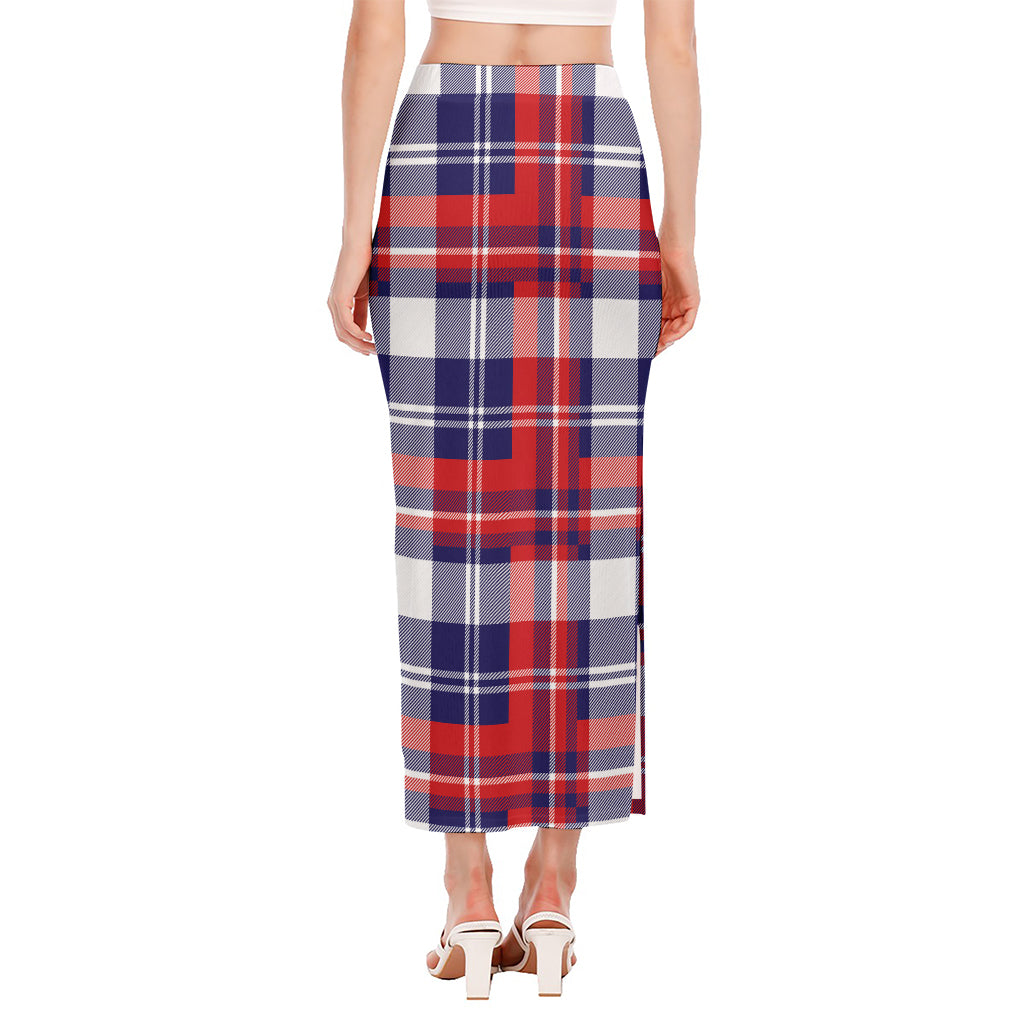 USA Plaid Pattern Print Side Slit Maxi Skirt