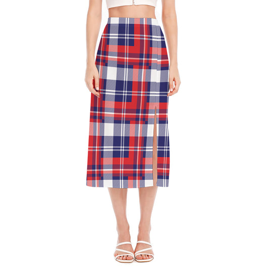 USA Plaid Pattern Print Side Slit Midi Skirt