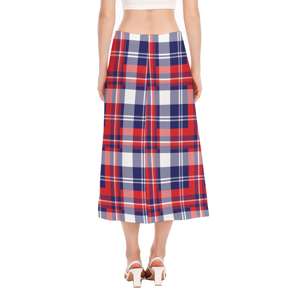 USA Plaid Pattern Print Side Slit Midi Skirt
