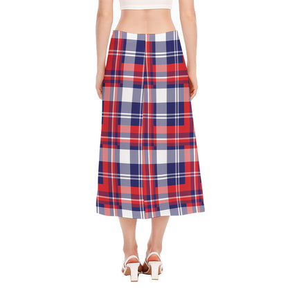 USA Plaid Pattern Print Side Slit Midi Skirt