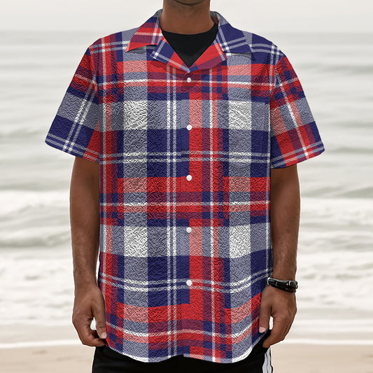 USA Plaid Pattern Print Textured Short Sleeve Shirt
