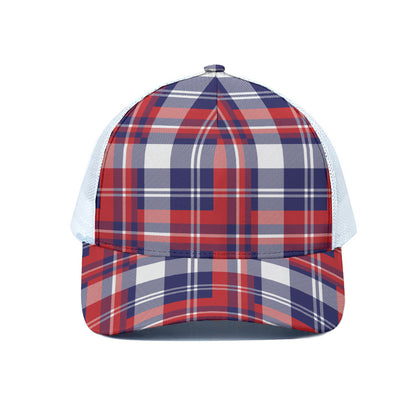 USA Plaid Pattern Print White Mesh Trucker Cap