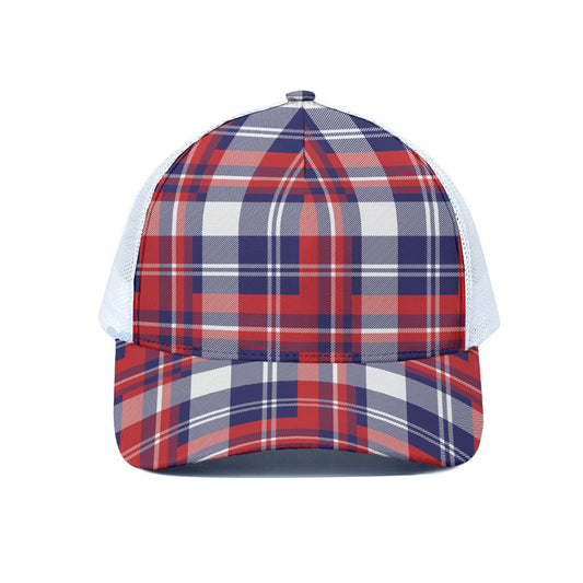 USA Plaid Pattern Print White Mesh Trucker Cap