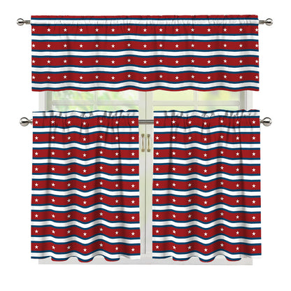 USA Striped Pattern Print 3 Piece Kitchen Curtains