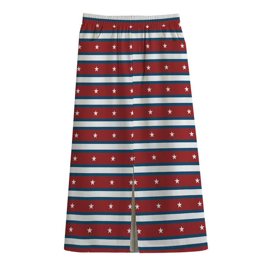 USA Striped Pattern Print Cotton Front Slit Maxi Skirt