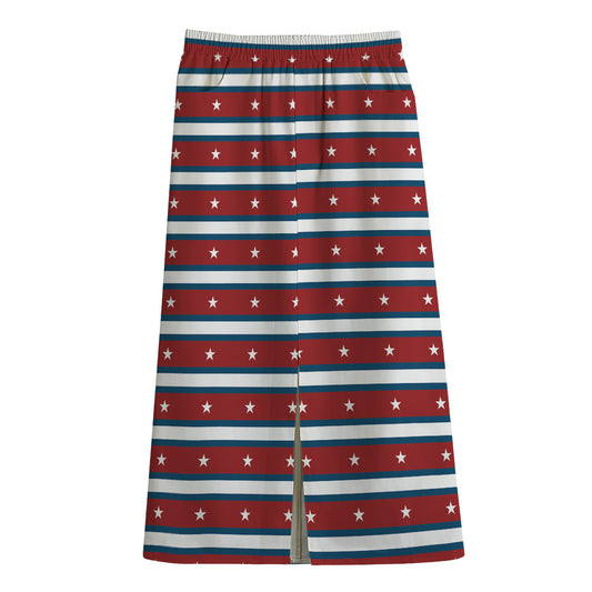 USA Striped Pattern Print Cotton Front Slit Maxi Skirt