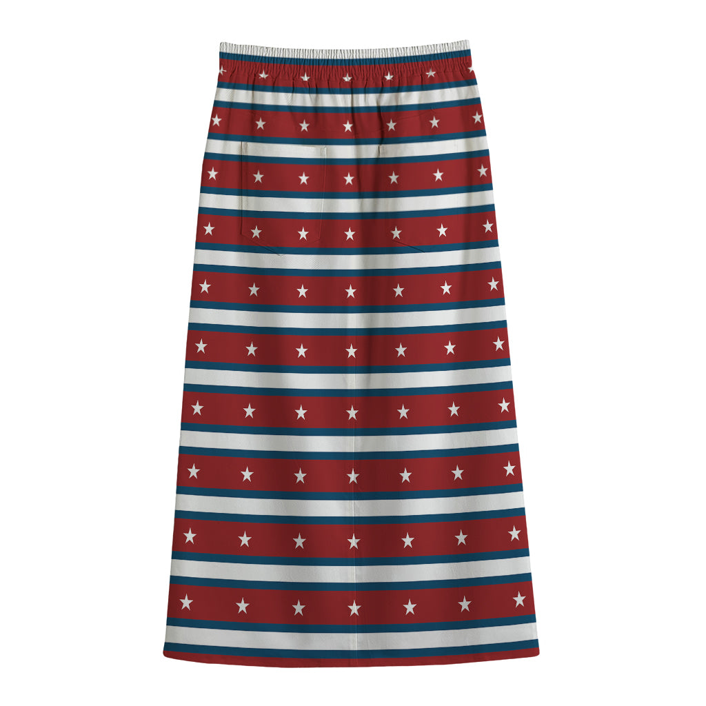 USA Striped Pattern Print Cotton Front Slit Maxi Skirt