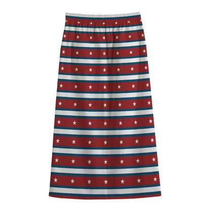 USA Striped Pattern Print Cotton Front Slit Maxi Skirt