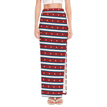 USA Striped Pattern Print High Slit Maxi Skirt