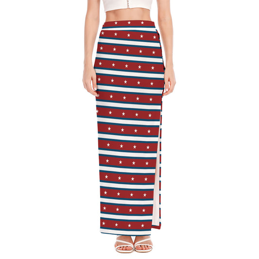 USA Striped Pattern Print High Slit Maxi Skirt