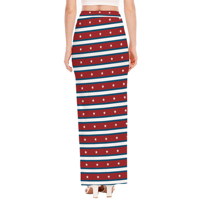 USA Striped Pattern Print High Slit Maxi Skirt