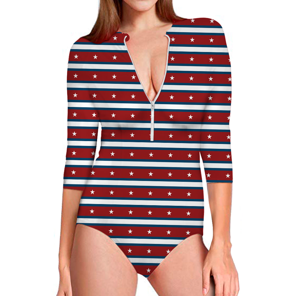 USA Striped Pattern Print Long Sleeve Swimsuit