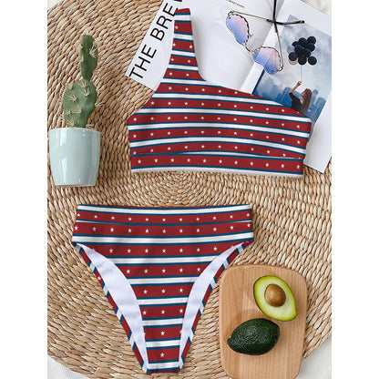 USA Striped Pattern Print One Shoulder Bikini Top