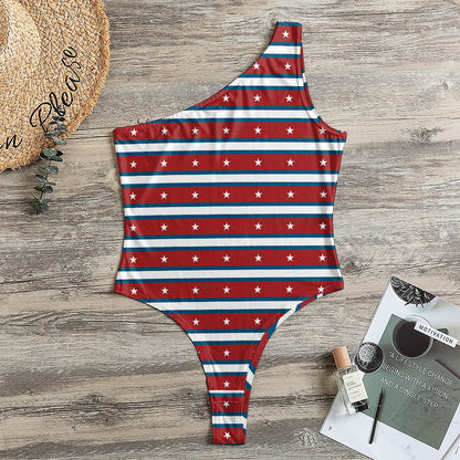 USA Striped Pattern Print One Shoulder Bodysuit