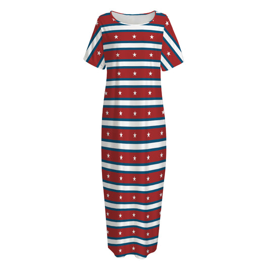 USA Striped Pattern Print Short Sleeve Long Nightdress