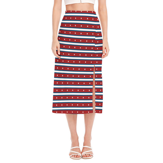 USA Striped Pattern Print Side Slit Midi Skirt