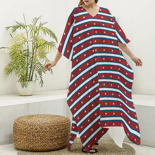 USA Striped Pattern Print Silk V-Neck Kaftan Dress