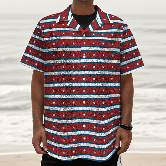 USA Striped Pattern Print Textured Short Sleeve Shirt