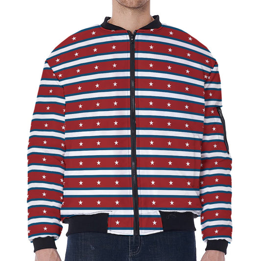USA Striped Pattern Print Zip Sleeve Bomber Jacket