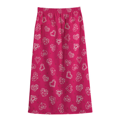 Valentine's Day Geometric Heart Print Cotton Front Slit Maxi Skirt