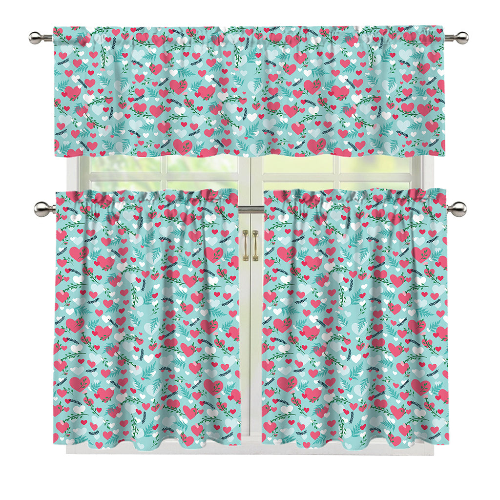Valentine's Day Heart And Flower Print 3 Piece Kitchen Curtains